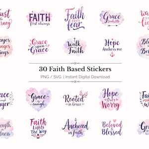 Könnte beinhalten: Eine Sammlung von 30 digitalen Aufklebern zum Thema Glaube mit Aquarellhintergründen in Rosa-, Lila- und Blautönen. Jeder Aufkleber zeigt inspirierende Texte wie Trust the Journey, Faith over Fear und Grace Leads Me in verschiedenen eleganten Schriftarten.