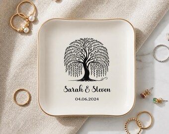 Personalized  Willow Tree Trinket Dish with Name and Year, Engagement Gift for Couple, Bedroom Decor for Everyday Use, Wedding Gift for Her