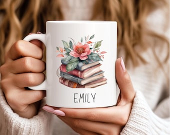 Personalized Floral Books Mug, Coffee Mug, Custom Name Bookworm Gift for Reader, Gift for Book Lovers, Book Coffee Mug, Gift Birthday