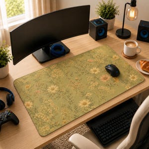 May include: A rectangular desk mat featuring a muted olive green background with a repeating pattern of small yellow and orange wildflowers and delicate green foliage. The mat has rounded corners and a smooth surface texture.