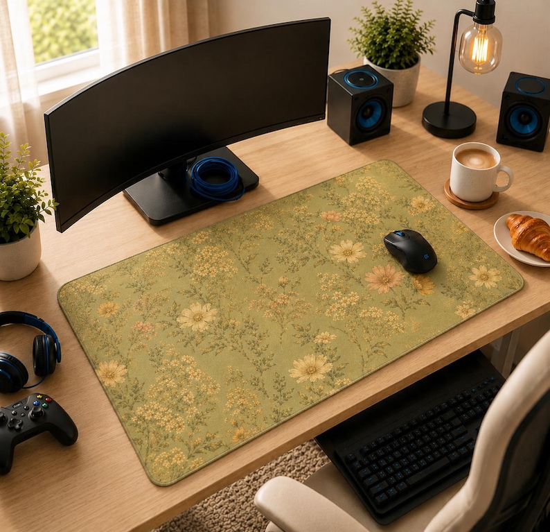 May include: A rectangular desk mat featuring a muted olive green background with a repeating pattern of small yellow and orange wildflowers and delicate green foliage. The mat has rounded corners and a smooth surface texture.
