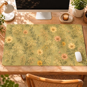 May include: A rectangular desk mat featuring a muted olive green background with a repeating pattern of yellow and soft peach-coloured wildflowers and green foliage. The mat has rounded corners and a smooth surface, with a white computer mouse placed on it.