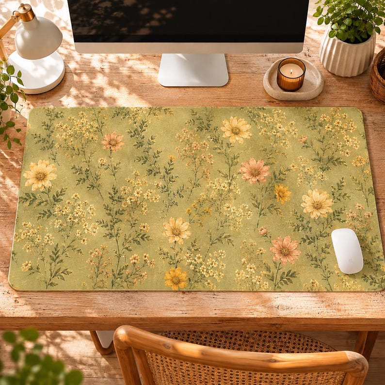 May include: A rectangular desk mat featuring a muted olive green background with a repeating pattern of yellow and soft peach-coloured wildflowers and green foliage. The mat has rounded corners and a smooth surface, with a white computer mouse placed on it.