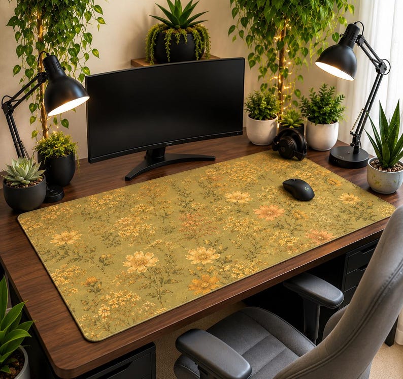 May include: A rectangular desk mat featuring a repeating floral pattern with yellow and orange flowers on a muted olive green background. The mat is positioned on a dark wood desk surface, providing a flat area for computer peripherals.