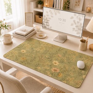 May include: A rectangular desk mat featuring a sage green background with a repeating botanical pattern of yellow and orange wildflowers, small leaves, and delicate stems. The mat is positioned on a white desk surface with a white computer mouse.