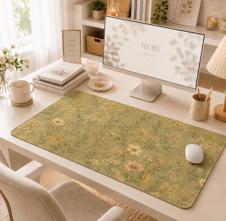 May include: A rectangular desk mat featuring a sage green background with a repeating botanical pattern of yellow and orange wildflowers, small leaves, and delicate stems. The mat is positioned on a white desk surface with a white computer mouse.