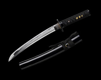 Handmade Tanto Katana with Black Gloss Scabbard and Traditional Japanese Wrapping