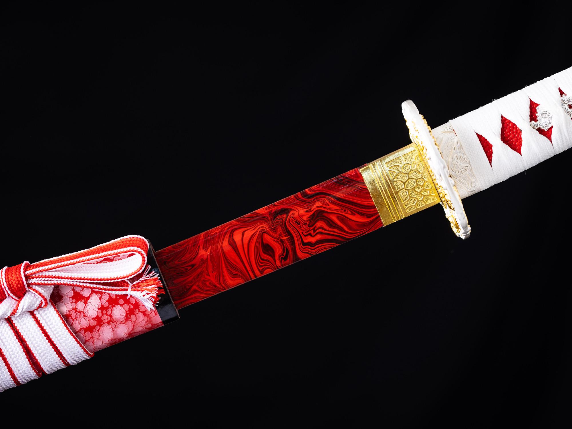 Handmade Fiery Red Marbled Katana With Diamond Pattern Tsuka and Gold ...