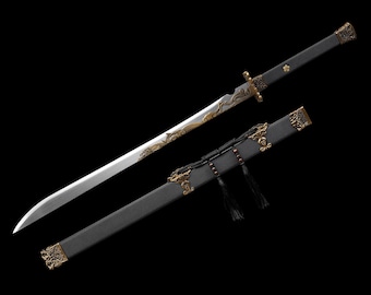 Espada de acero de Damasco Dragón – Katana artesanal de espiga completa con vaina