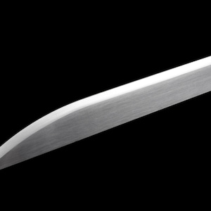 May include: Close-up of a polished, silver-colored sword blade against a black background. The blade has a curved edge and a flat top, reflecting light. The image highlights the sharpness and metallic texture of the weapon.