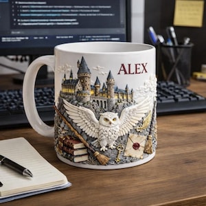 Personalisierte Zauberertasse, Name Magic Schulbecher, Eulenschloss Kaffeetasse, Fantasy-Liebhaber Geschenk, Zauberer Geschenk für ihn, magischer Becher