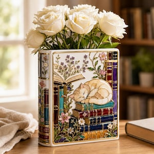 May include: A rectangular white ceramic vase shaped like a book, featuring a raised illustration of a sleeping cat on a stack of colorful books, accented with gold trim and floral motifs, filled with a bouquet of white roses.