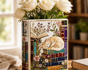 Cat Book Lover Ceramic Book Vase, Floral Library Flower Vase, Bookshelf Decor, Reader Gift, Cozy Home Decor