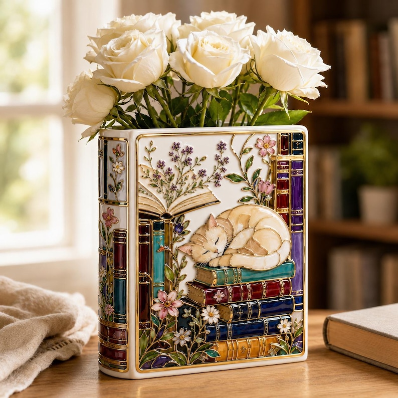 May include: A rectangular white ceramic vase shaped like a book, featuring a raised illustration of a sleeping cat on a stack of colorful books, accented with gold trim and floral motifs, filled with a bouquet of white roses.
