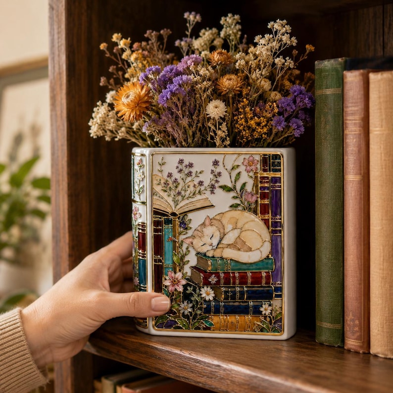 May include: A white ceramic book-shaped vase featuring a colorful illustration of a sleeping cat curled atop a stack of books, surrounded by floral accents and an open book design. The vase is filled with a bouquet of dried orange, purple, and white flowers.