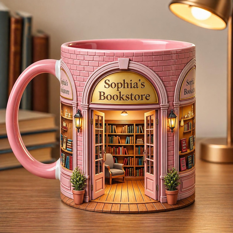 May include: Pink ceramic mug featuring a bookstore design. The mug has a handle and is decorated with a miniature bookstore facade, complete with a door, bookshelves, and the text "Sophia's Bookstore". The mug also has two small potted plants.