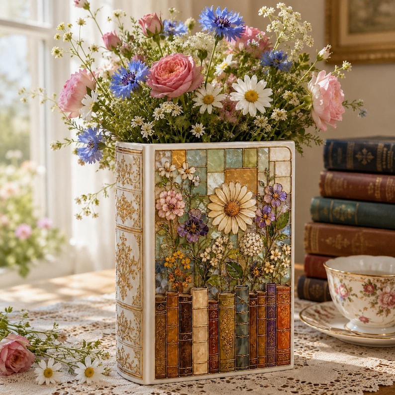 Vintage Floral Bookshelf Ceramic Book Vase, Stained Glass Flower Vase, Book Lover Library Decor, Reader Gift, Cozy Home Decor image 3