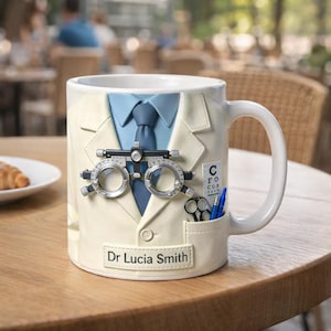 May include: White ceramic mug featuring a doctor's coat design with a blue tie and shirt. The mug includes a trial frame, eye chart, and the name "Dr Lucia Smith". A pen and scissors are in the pocket.