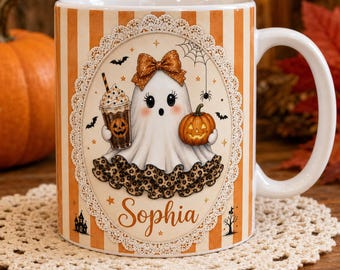 Personalized Halloween Ghost Mug, Custom Name Cute Ghost Coffee Cup, Pumpkin Spice Fall Mug, Spooky Gift for Her