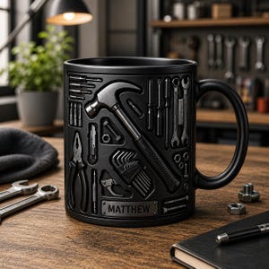 Puede incluir: Taza de cerámica negra con un diseño de herramientas, que incluye un martillo, llaves y otras herramientas. La taza tiene un asa negra y el nombre "MATTHEW" está grabado en la parte delantera. La taza está sobre una superficie de madera.