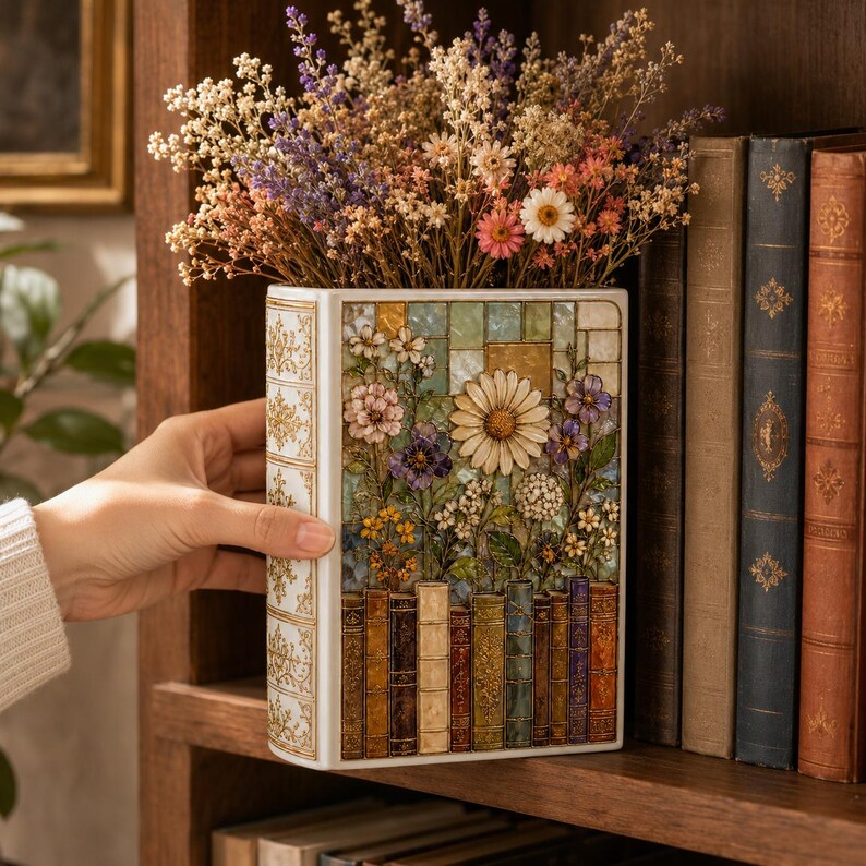 May include: A rectangular ceramic vase shaped like a book with a white spine featuring gold filigree. The front panel displays a mosaic-style illustration of various colourful flowers and a row of vintage book spines at the base, filled with dried flowers.