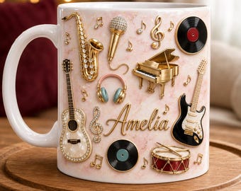 Personalized Music Lover Mug, Custom Name Music Coffee Cup, Musical Instrument Mug, Music Teacher Gift, Musician Gift