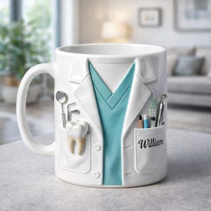 May include: White ceramic mug designed to resemble a dentist's coat, with a teal scrub top visible. Features a tooth, dental tools, and the name "William" on the pocket. A unique gift for dental professionals.