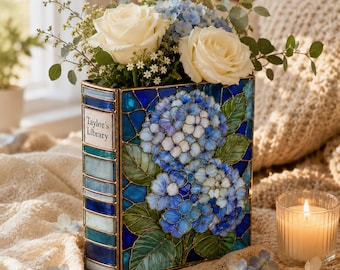 Custom Hydrangea Ceramic Book Vase, Personalized Library Book Vase, Stained Glass Floral Flower Vase, Book Lover Decor, Reader Gift