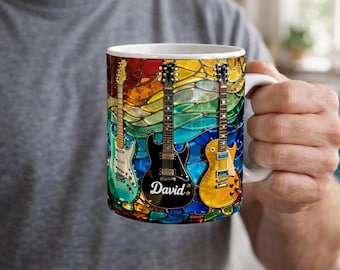 Taza de guitarra personalizada, taza musical con nombre personalizado, regalo para guitarrista, taza para amante de la música, regalo para guitarrista para él, taza de café de banda de rock