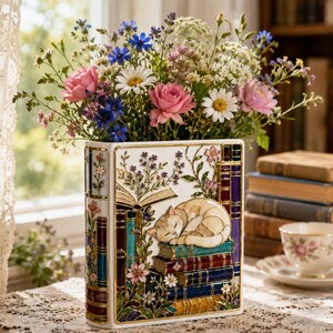 May include: A rectangular white ceramic vase shaped like a stack of books, featuring a sleeping cat resting on top of the volumes. The vase is decorated with colorful floral motifs, gold-toned outlines, and a stack of painted book spines.