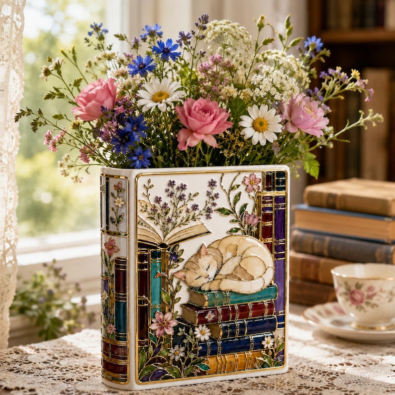 May include: A rectangular white ceramic vase shaped like a stack of books, featuring a sleeping cat resting on top of the volumes. The vase is decorated with colorful floral motifs, gold-toned outlines, and a stack of painted book spines.