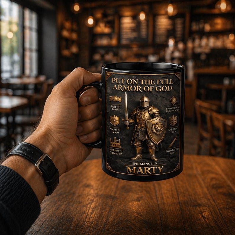 Puede incluir: Taza de cer&aacute;mica negra con una ilustraci&oacute;n dorada de un caballero con armadura, el texto "PUT ON THE FULL ARMOR OF GOD" y "MARTY". La taza tambi&eacute;n incluye el texto "EPHESIANS 6:10".