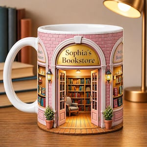May include: A white ceramic mug featuring a detailed design of "Sophia's Bookstore." The mug showcases a pink brick facade with an arched doorway, open to reveal a cozy bookstore interior with bookshelves, a chair, and a warm glow. Small potted plants flank the entrance.