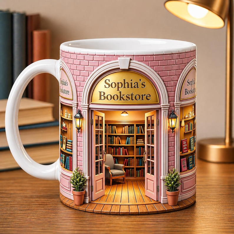 May include: A white ceramic mug featuring a detailed design of "Sophia's Bookstore." The mug showcases a pink brick facade with an arched doorway, open to reveal a cozy bookstore interior with bookshelves, a chair, and a warm glow. Small potted plants flank the entrance.