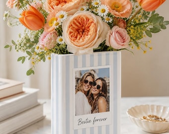 Custom Photo Ceramic Vase, Personalized Best Friend Flower Vase, Blue Stripe Picture Vase, Bestie Gift, Birthday Gift For Her