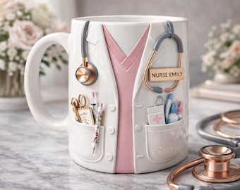 Tazza personalizzata per infermiera, tazza da caffè con nome personalizzato, design medico con stetoscopio, regalo per lei infermiera