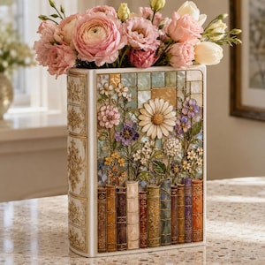 May include: A rectangular ceramic vase shaped like a stack of books, featuring a mosaic-style floral relief on the front with a large white daisy and smaller purple and yellow flowers. The side displays ornate gold filigree on a white background.