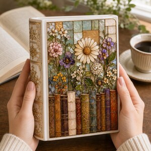Vintage Floral Bookshelf Ceramic Book Vase, Stained Glass Flower Vase, Book Lover Library Decor, Reader Gift, Cozy Home Decor image 4