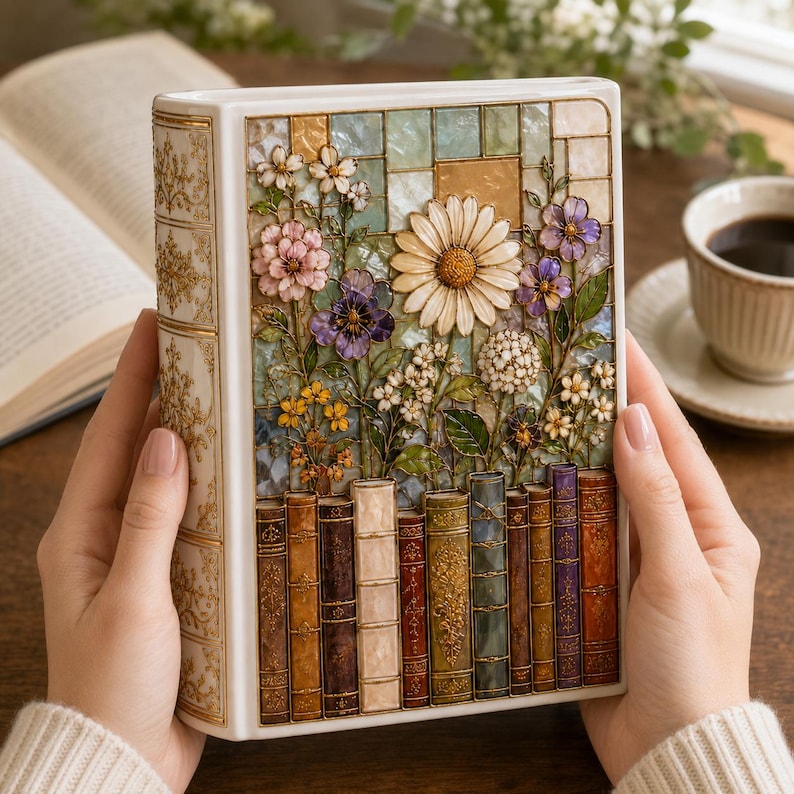 Vintage Floral Bookshelf Ceramic Book Vase, Stained Glass Flower Vase, Book Lover Library Decor, Reader Gift, Cozy Home Decor image 4