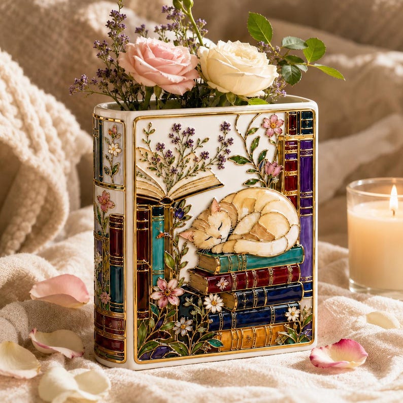 May include: A rectangular ceramic vase shaped like a stack of books, featuring a sleeping cat on top of the books, floral illustrations, and gold-toned trim. The vase is filled with pink and white roses and small purple flowers.