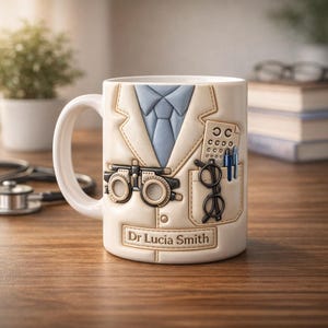 Puede incluir: Taza de cerámica blanca con un diseño detallado de una bata de optometrista, con corbata azul, tabla optométrica y gafas. La taza también incluye un marco de prueba y el nombre "Dr Lucia Smith".