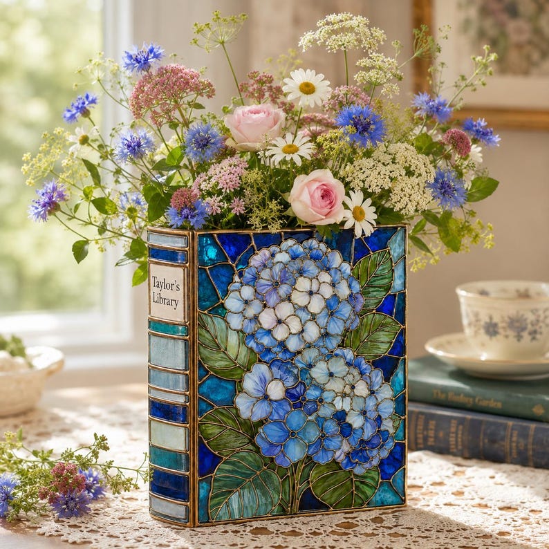 May include: A rectangular vase shaped like a book with a stained glass design featuring blue hydrangea flowers and green leaves. The spine is labeled Taylor's Library. The vase is filled with a bouquet of blue cornflowers, pink roses, and white daisies.