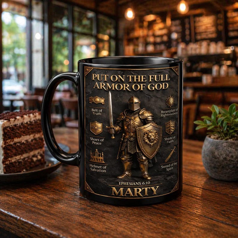 Puede incluir: Taza de cer&aacute;mica negra con una ilustraci&oacute;n detallada de un caballero con armadura dorada, sosteniendo una espada y un escudo. El texto "PUT ON THE FULL ARMOR OF GOD" se muestra encima del caballero, con texto adicional y el nombre "MARTY" debajo.