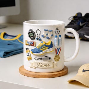 May include: White ceramic mug decorated with sports-themed 3D embellishments, including a blue and yellow running shoe, watch, socks, and a medal. The mug sits on a wooden coaster. A yellow and blue jersey and a cap are in the background.