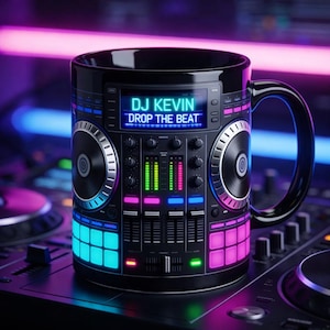 Personalized DJ Mug with Name, Custom Music Lover Gift, DJ Mixer Coffee Mug, EDM Club Gift Drop The Beat