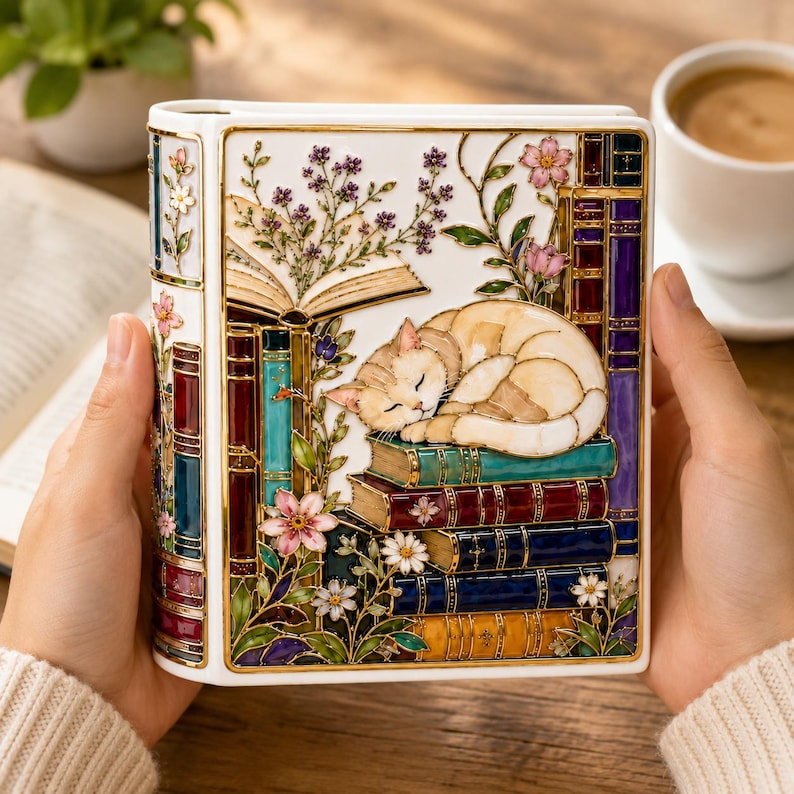 May include: A white ceramic book-shaped box featuring a colorful stained-glass style illustration of a sleeping cat resting on a stack of books, surrounded by floral motifs, with gold-toned outlines and a vertical spine design on the left side.