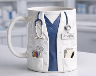 Taza personalizada para médicos, taza de café médica con nombre personalizado, diseño de estetoscopio y uniforme médico, regalo para doctora.