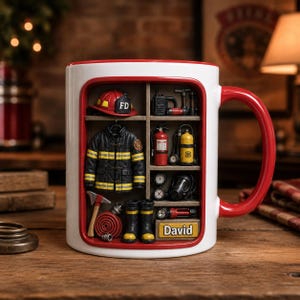 May include: A white ceramic mug with a red handle and rim, featuring a 3D-style relief design of a firefighter's locker. The interior displays a red helmet with FD, a black jacket with yellow stripes, boots, a fire extinguisher, and a nameplate reading David.