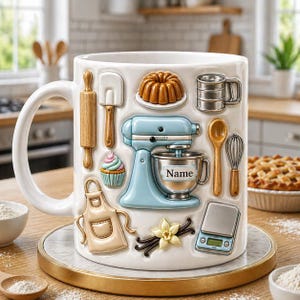 May include: White ceramic mug decorated with baking-themed relief designs, including a light blue stand mixer, rolling pin, and cupcake. The mug has the word "Name" on the mixer and is on a gold-rimmed marble coaster.