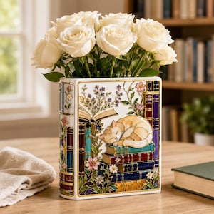 May include: A rectangular ceramic vase shaped like a book, featuring a sleeping cat resting on a stack of colorful books with floral accents and gold trim. The vase is filled with a bouquet of white roses, showcasing intricate painted details.